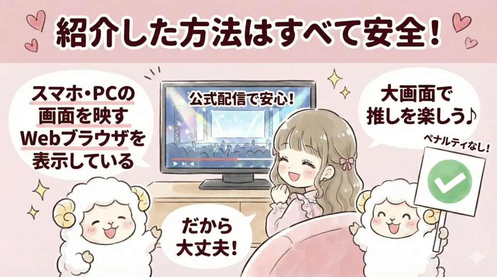 ジャニーズの配信をテレビで見る方法｜ 紹介した方法は「スマホやパソコンの画面を出力」もしくは「ストリーミングデバイスでWebブラウザを表示」させているだけなので安全