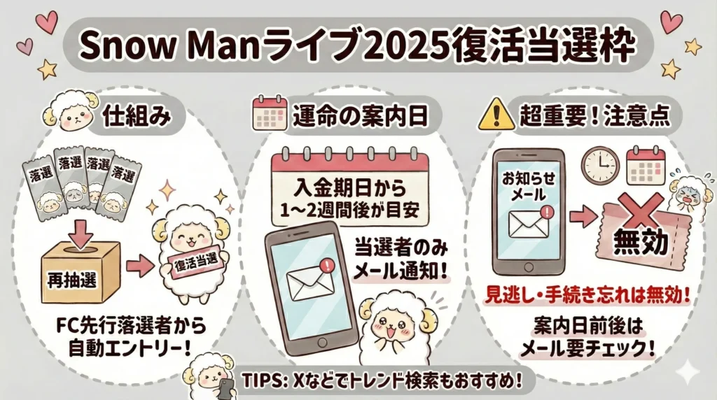 Snow Manドームツアー2025のチケット入手方法｜復活当選枠（ファンクラブ会員落選者のみ）