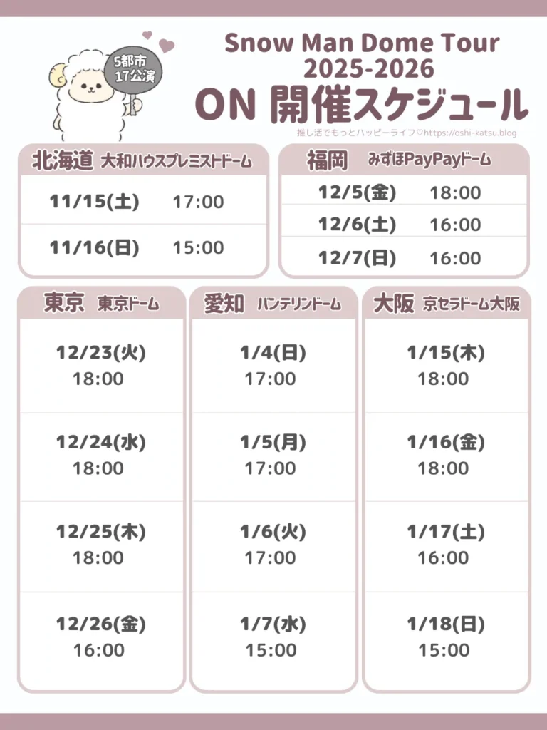 Snow Manドームライブ2025開催スケジュール【全5都市17公演】