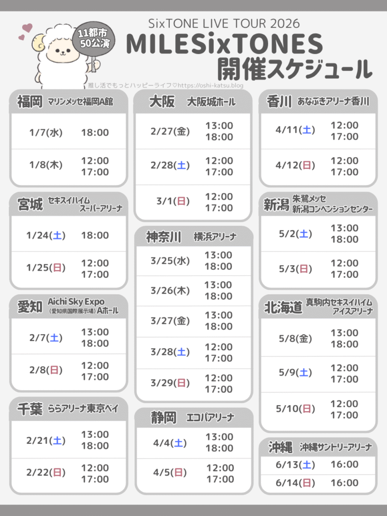 SixTONESライブ2026開催スケジュール【全11都市50公演】