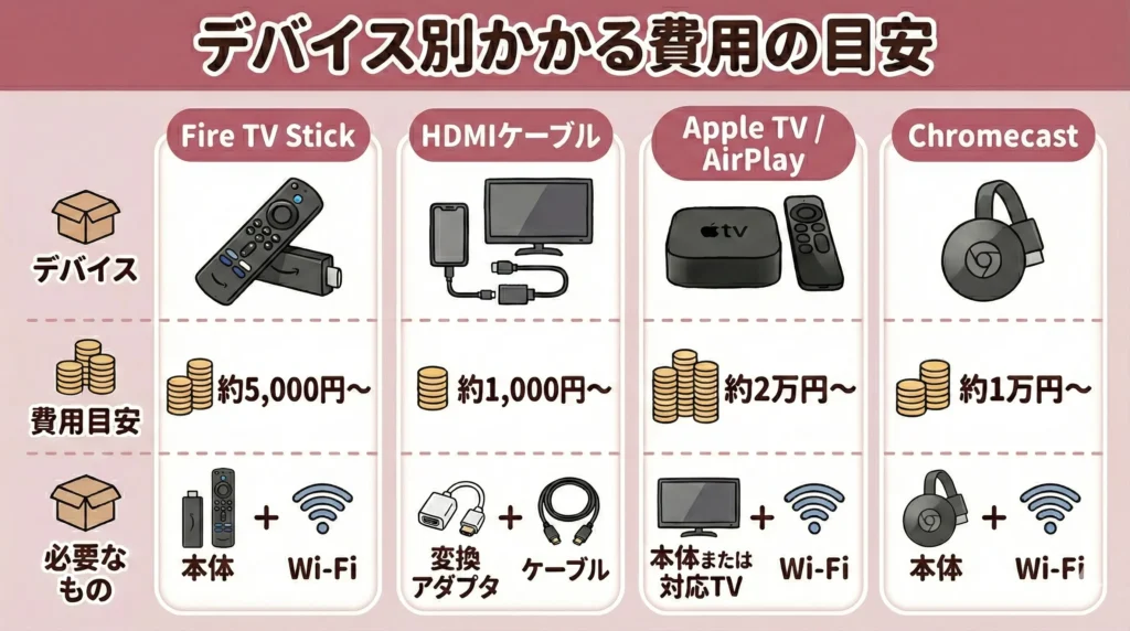 ジャニーズ配信をテレビで見る方法【目的別の選び方】｜接続の手軽さを求める人はAirPlayまたはChromecast【デバイス別かかる費用の目安表】