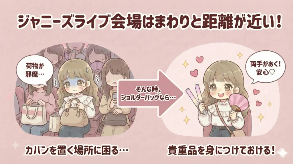 ジャニーズライブ会場はまわりと距離が近いから身につけておけるショルダーバッグが安心