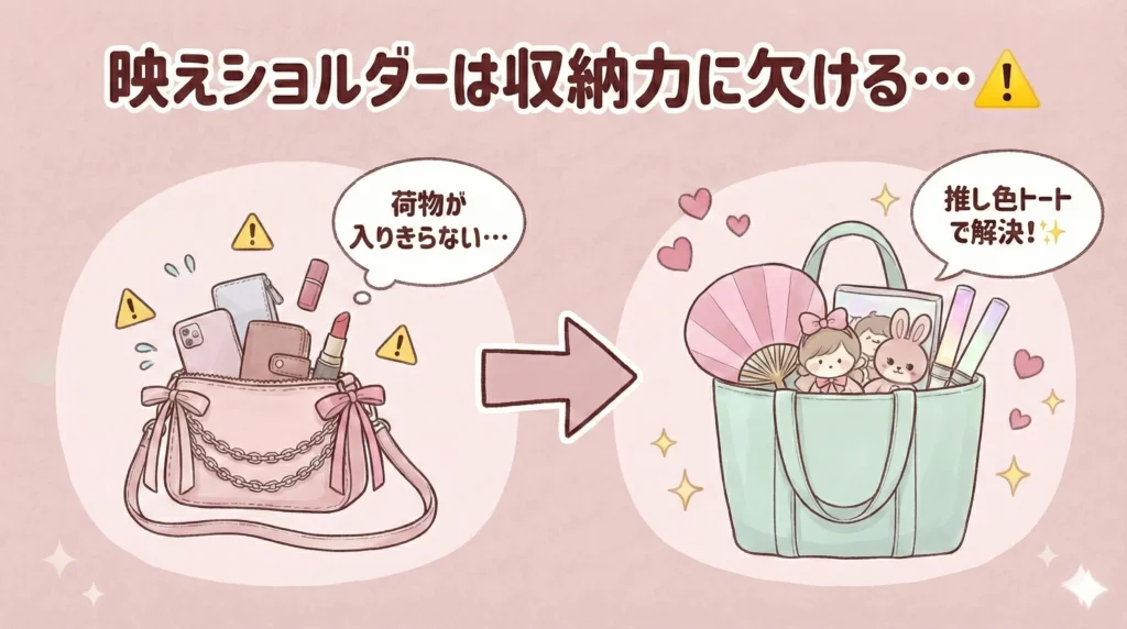 映えショルダーは収納力に欠けるが、推し色トートで悩みを解決!
