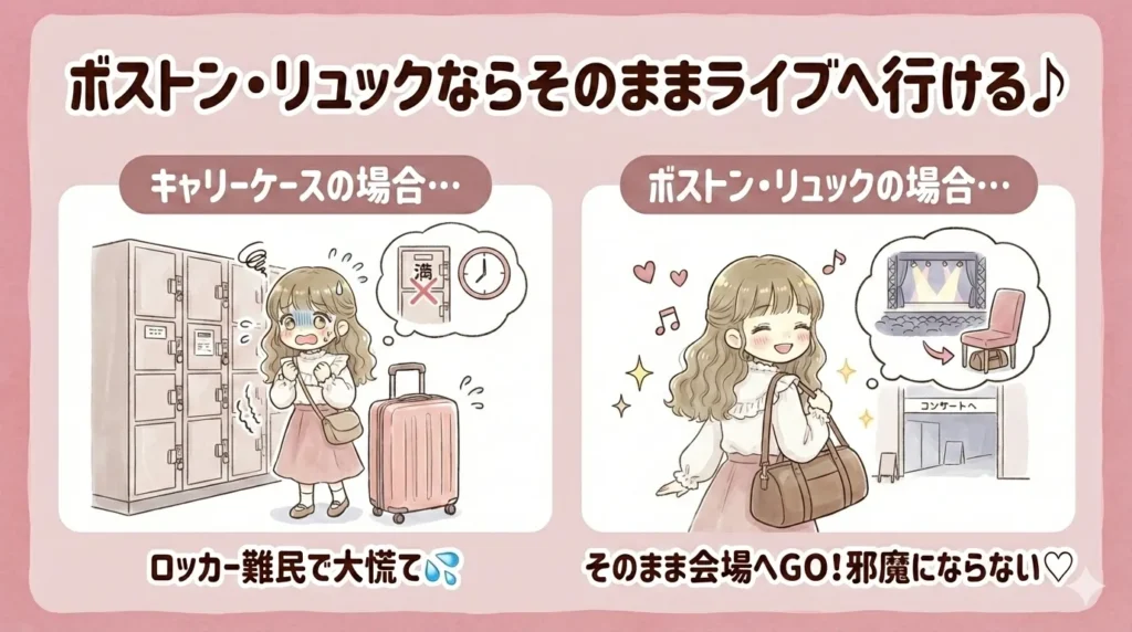 少しの時間も無駄にしたくないなら「ボストンバッグ」または「リュックサック」