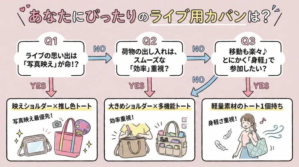 ジャニーズライブ用カバンをどうするか悩んだらチェック【ぴったりのカバン診断】