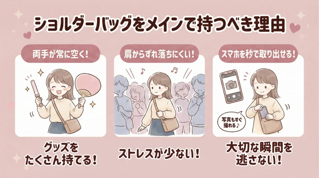 メインのカバンは「ショルダーバッグ」で貴重品を肌身離さず管理