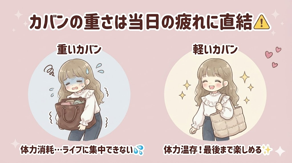 カバンの重さは当日の疲れに直結する（違い例）