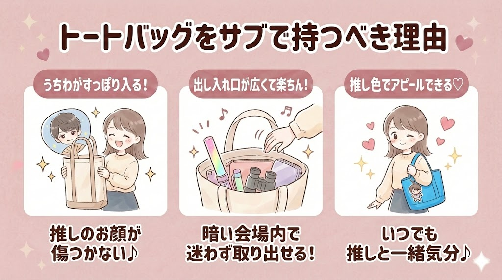 サブのカバンは「トートバッグ」でグッズを楽々出し入れ