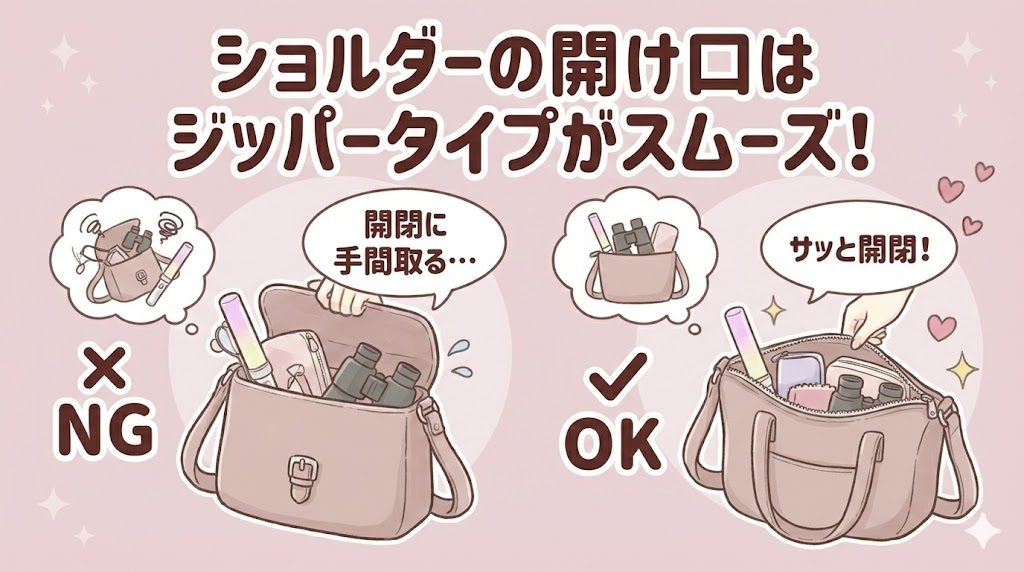 ショルダーバッグの開け口はジッパータイプがスムーズ
