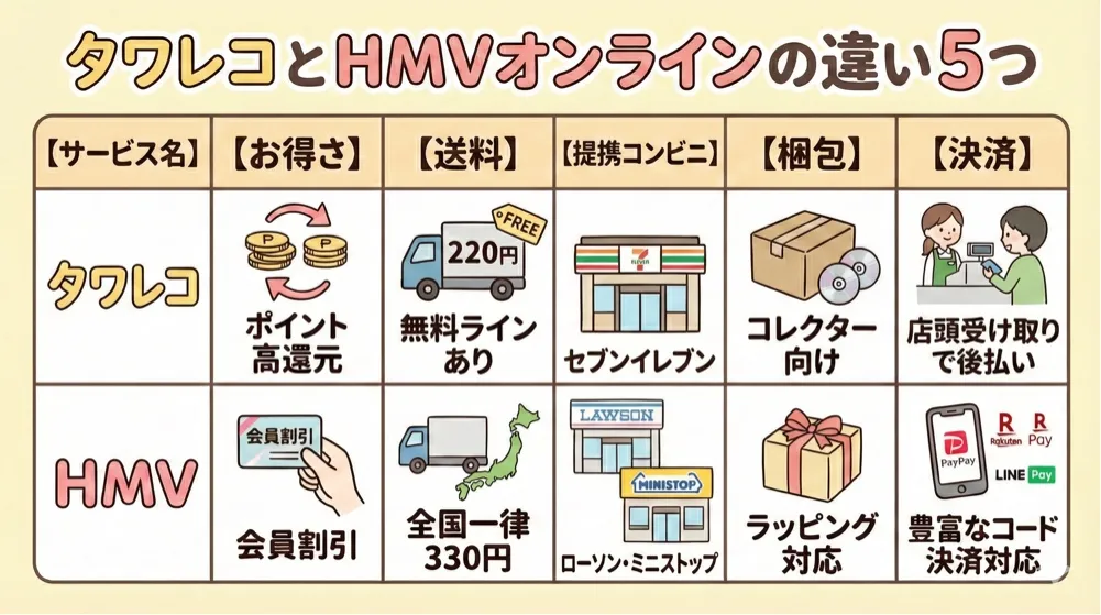 タワレコとHMVオンラインを比較!違いは5つ