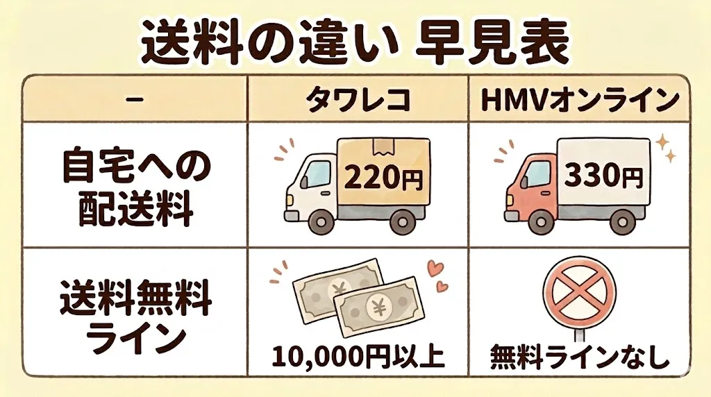 タワレコとHMVオンラインを比較！違いは5つ【送料】